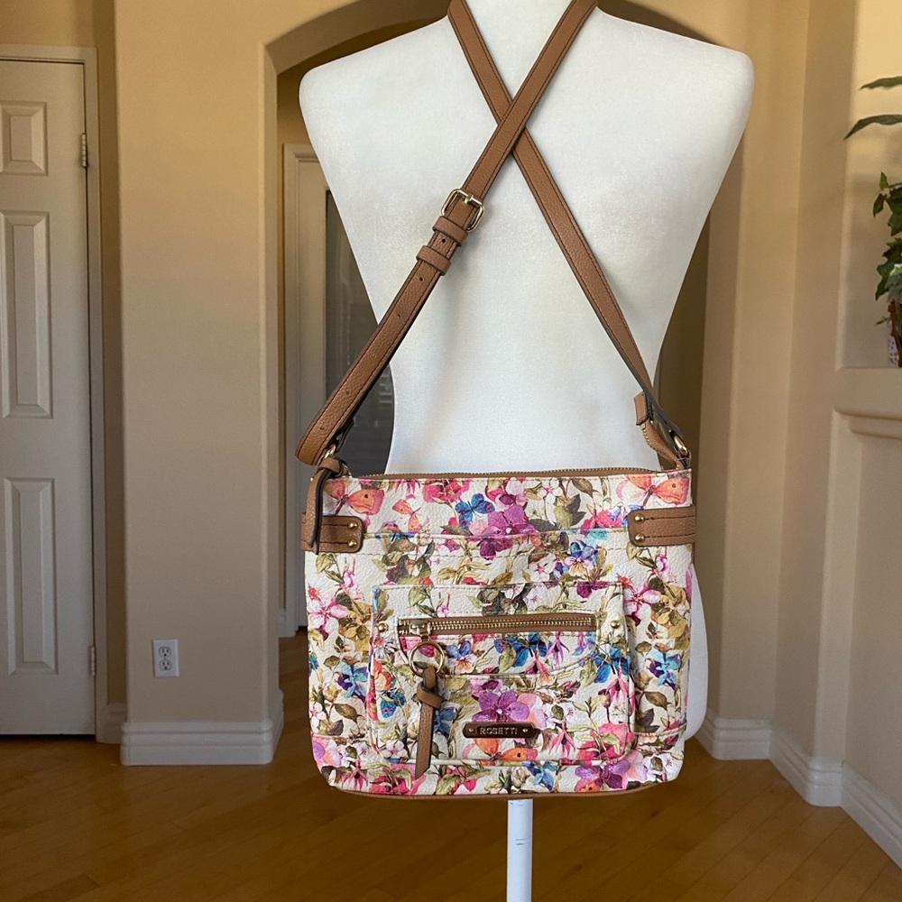 Rosetti Floral Crossbody Bag with Tan Straps